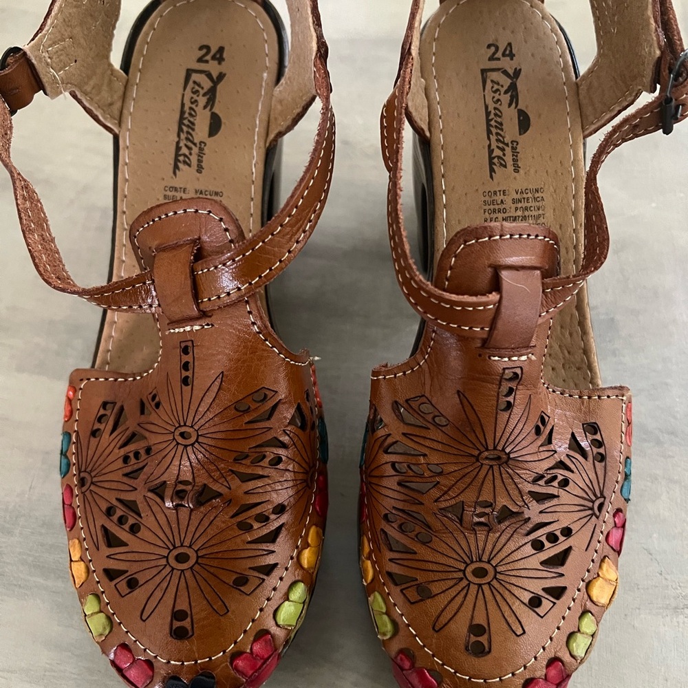 Brown Leather Sandals with Multicolor Accents